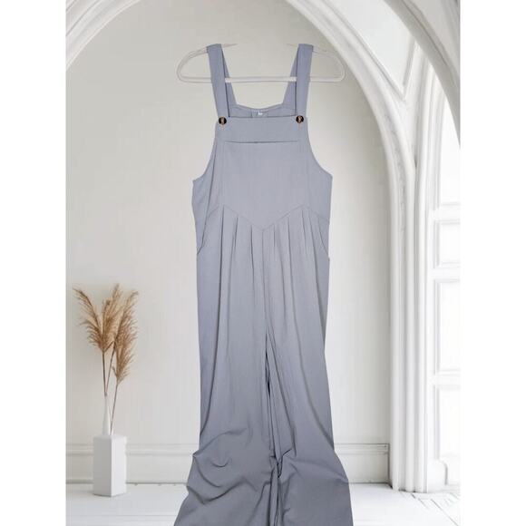 Women's Palazzo Overall Jumpsuit Romper L Beige Tan Neutral Color Big Bib Pocket - Picture 2 of 11